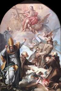 Tre santi cappuccini e un vescovo adorano Cristo e la Croce da Unbekannt Unbekannt